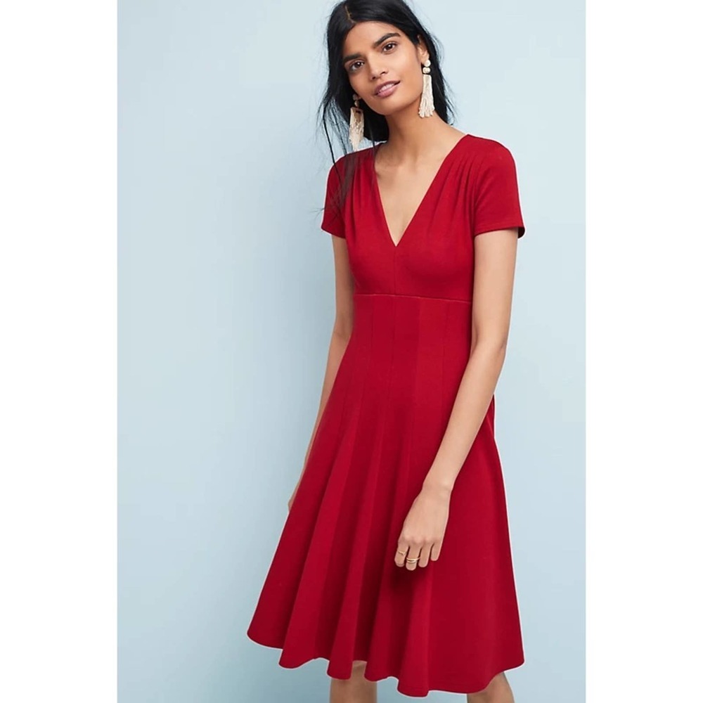EUC Red V-Neck Short Sleeve Fit-and-Flare Dress